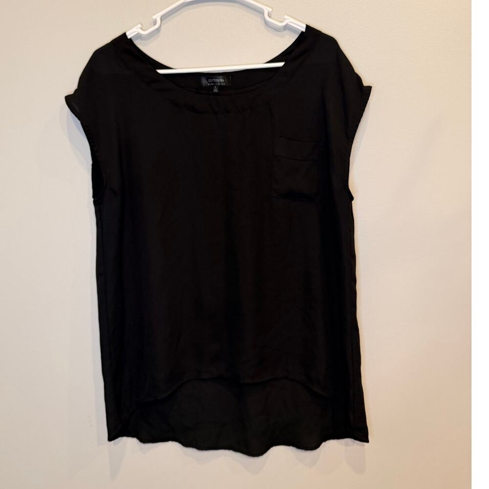 Cotton On Black Scoop Neck Pocket T-Shirt Flattering Curved High Low Hem Large